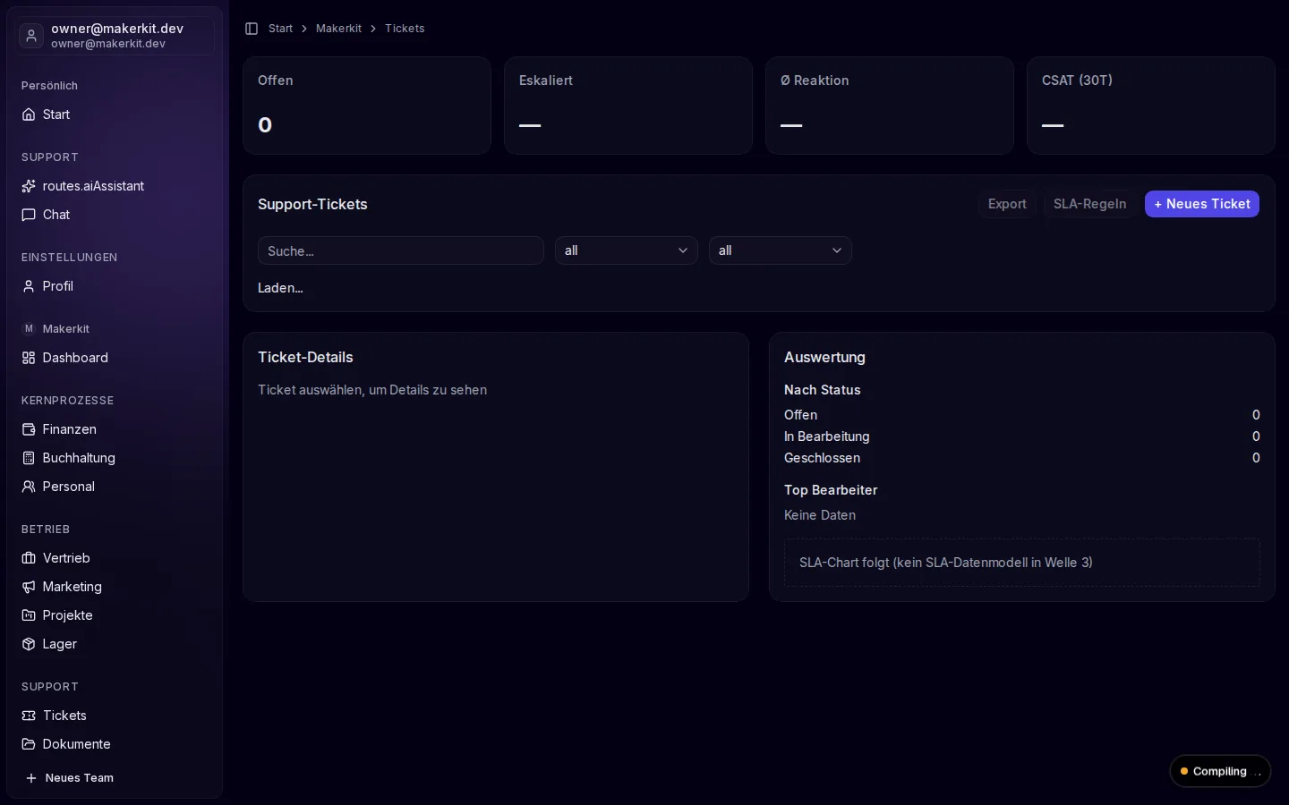 Ticket-Modul von DARION-AI mit Support-Tickets, SLA-Kennzahlen und Auswertung